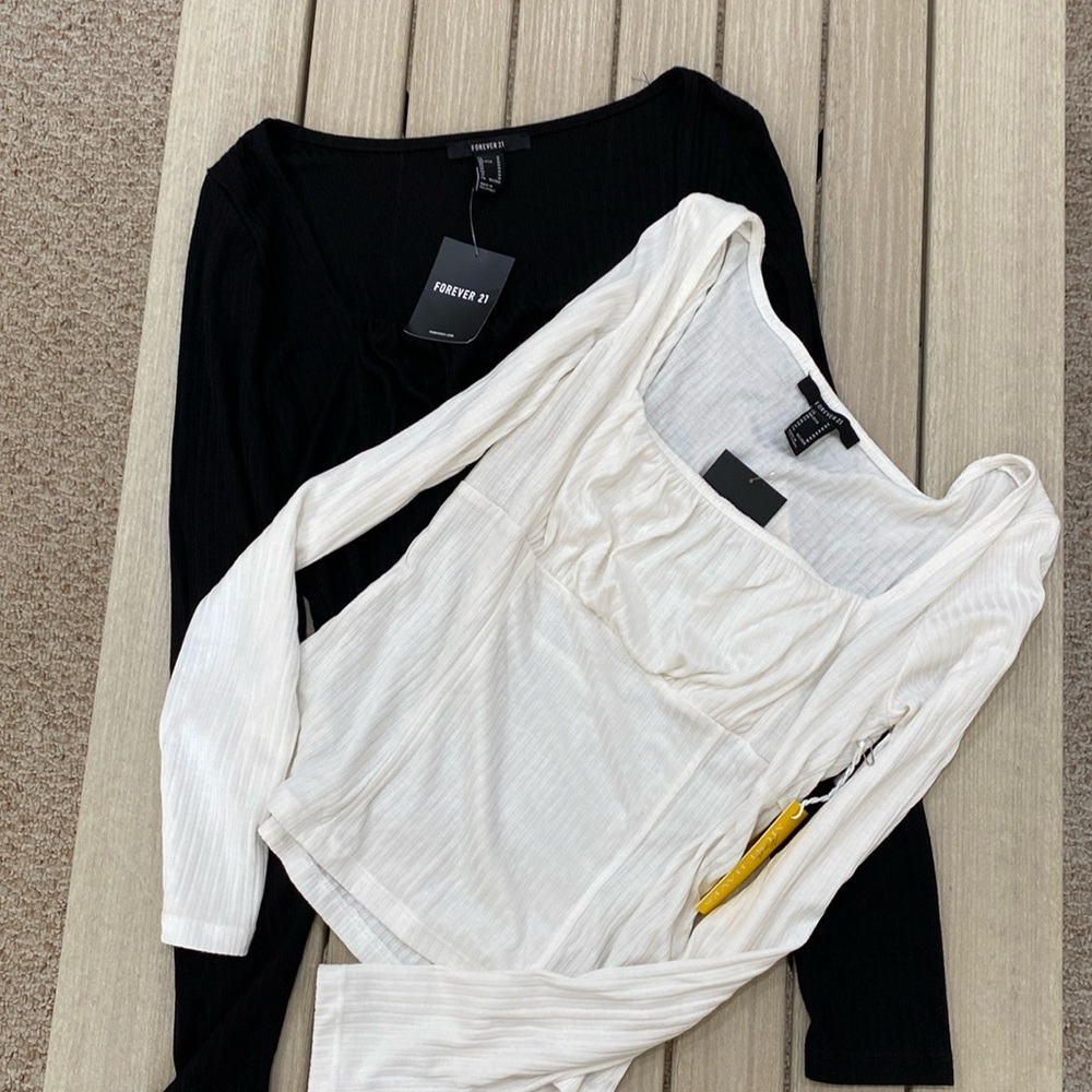 NWT - 2 Forever 21 (F21) Ribbed Knit Long Sleeve Tops, Size Medium, ivory/black